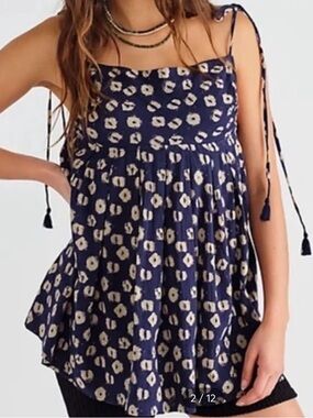 Free People Molly Indigo Navy Tie-Shoulder Mini Tunic sz S